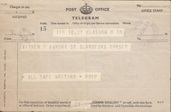 119858 1941 POST OFFICE TELEGRAM CANCELLED 'BLANDFORD DORSET' RUBBER DATE STAMP.