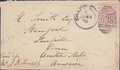 119899 1878 MAIL SHAFTESBURY TO U.S.A./2½D ROSY-MAUVE PL.8 (SG141).