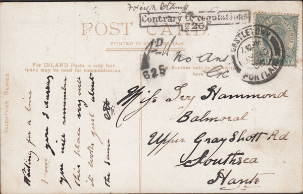119950 1906 MAIL PORTLAND TO SOUTHSEA/INVALID STAMP.