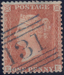 120136 1856-7 DIE 2 1D PL.27 MATCHED PAIR LETTERED EE ON BLUED PAPER (SG29) WITH BLUE CANCELLATION, ALSO WHITE PAPER (SG40).