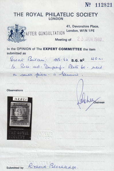 120414 1857 DIE 2 1D PL.60 ROSE-RED ON WHITE PAPER ERROR IMPERFORATE (SG40a)(DJ).