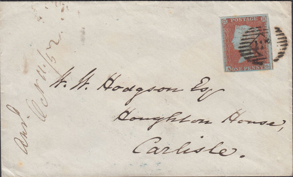 120736 PL.143 PALE ORANGE-BROWN SHADE (SG12)(AG) ON COVER LONDON TO CARLISLE/MISSING IMPRIMATUR LETTERING.