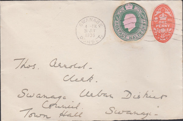 120908 1935 MAIL USED IN SWANAGE (DORSET) WITH 1D CHEQUE 'STAMP'.