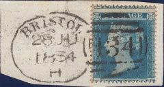 120977 1854 2D PL.4 (SG19) ON PIECE WITH 'BRISTOL 134' SPOON CANCELLATION (RA27).