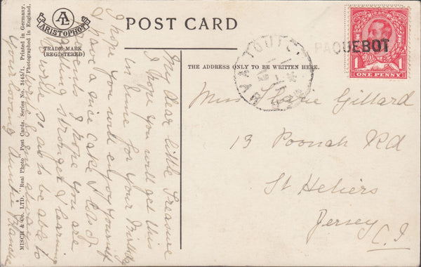 121025 1912 1D DOWNEY (SG332) ON POST CARD WITH 'PAQUEBOT' CANCELLATION.