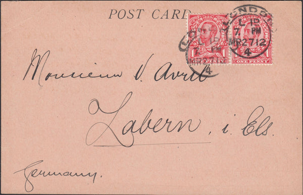 121074 1911 MAIL COLOMBO TO LONDON WITH ½D DOWNEY X 2.
