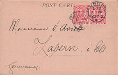 121074 1911 MAIL COLOMBO TO LONDON WITH ½D DOWNEY X 2.