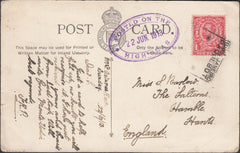121078 1913 MAIL FROM ABOARD SHIP SOUTH AMERICA TO ENGLAND, STAMP CANCELLED IN BRAZIL.