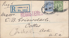 121081 1912 REGISTERED MAIL LONDON TO USA WITH MIXED REIGNS.