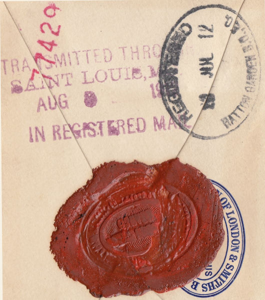 121081 1912 REGISTERED MAIL LONDON TO USA WITH MIXED REIGNS.
