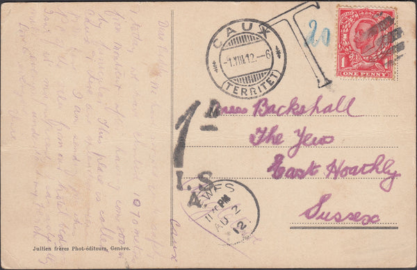 121119 1912 MAIL SWITZERLAND TO SUSSEX WITH 1D DOWNEY 'INVALID' USAGE.