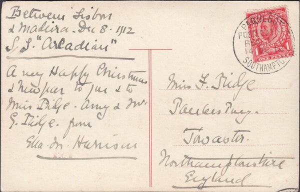 121121 1912 MAIL PORTUGAL TO TOWCESTER (NORTHANTS) WITH 1D DOWNEY PAQUEBOT CANCELLATION.