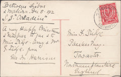 121121 1912 MAIL PORTUGAL TO TOWCESTER (NORTHANTS) WITH 1D DOWNEY PAQUEBOT CANCELLATION.