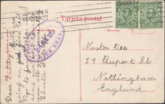 121124 1913 MAIL SPAIN TO NOTTINGHAM WITH GB ½D DOWNEY PAQUEBOT CANCELLATION.