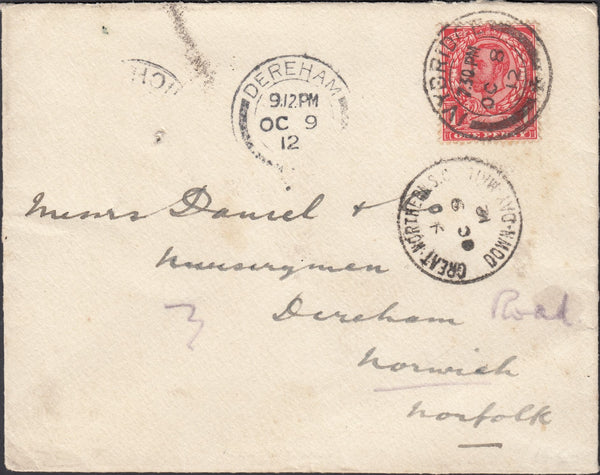121213 1912 MAIL IVYBRIDGE TO NORWICH WITH 'GREAT NORTHERN S.C/DOWN.DAY.MAIL' RAILWAY DATE STAMP.