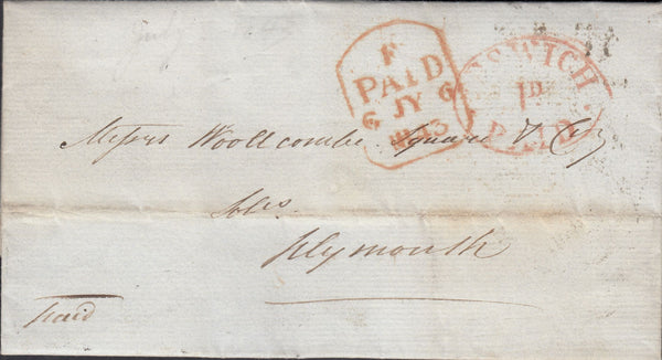 121240 1843 IPSWICH 'IPSWICH/1D/PAID' UNIFORM PENNY POST HAND STAMP (SK215).