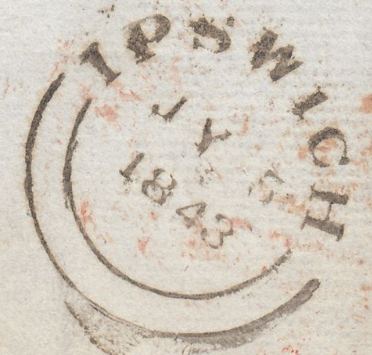 121240 1843 IPSWICH 'IPSWICH/1D/PAID' UNIFORM PENNY POST HAND STAMP (SK215).