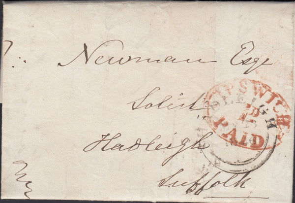 121275 1846 SUFFOLK/'IPSWICH 1D PAID' UNIFORM PENNY POST HAND STAMP (SK215).