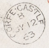 121278 1863 1D PINK CORFE CASTLE TO LONDON WITH '844' NUMERAL OF CORFE CASTLE.