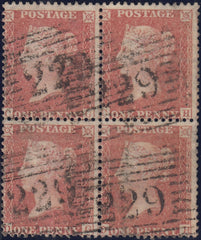 121309 1857 DIE 2 1D PL.27 USED BLOCK OF FOUR PALE RED ON TRANSITIONAL PAPER (SPEC C9(3).