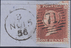 121378  1856-7 1D PL.42 MATCHED PAIR LETTERED HG ON BLUED PAPER (SG29) AND WHITE PAPER (SG40).