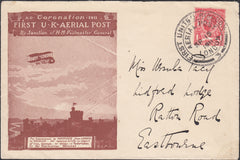 121495 1911 FIRST OFFICIAL U.K. AERIAL POST/LONDON EMERGENCY ENVELOPE IN RED-BROWN TO EASTBOURNE.
