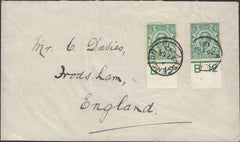 121504 1913 ENVELOPE TO ENGLAND WITH DOWNEY HEAD ½D X 2 CONTROL 'B12' ASCENSION DATE STAMPS.