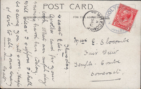 121557 1919 HOLYWELL/DORCHESTER RUBBER DATE STAMP ON MAIL TO TEMPLECOMBE.
