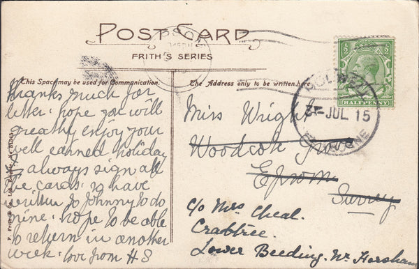 121558 1915 HOLWELL/SHERBORNE RUBBER DATE STAMP ON MAIL TO EPSOM, REDIRECTED.