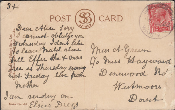 121585 1922 THREE LEGGED CROSS/WIMBORNE RUBBER DATE STAMP TO WESTMOORS DORSET.