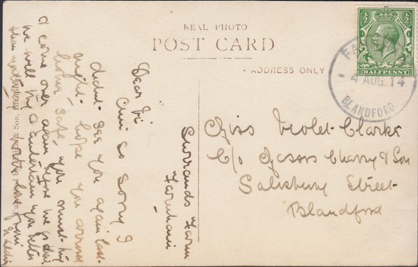 121595 1914 FARNHAM/BLANDFORD RUBBER DATE STAMP USED LOCALLY.