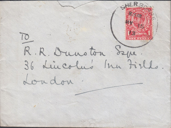 121604 1913 SHERBORNE SKELETON DATE STAMP ON MAIL TO LONDON.
