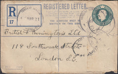 121612 1921 TARRANT HINTON/BLANDFORD RUBBER DATE STAMP ON REGISTERED MAIL TO LONDON.