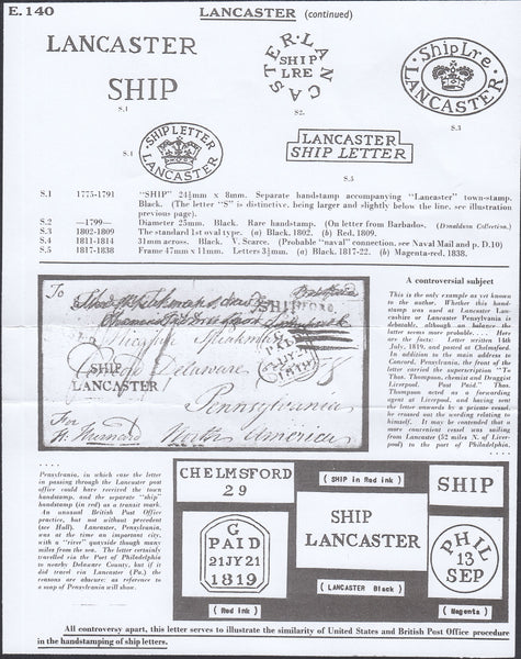 121637 1819 MAIL CHELMSFORD TO USA WITH 'SHIP' AND 'LANCASTER' HAND STAMPS.