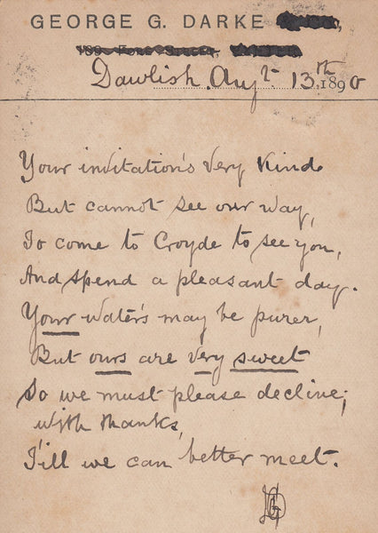 121669 1890 ½D POST CARD DAWLISH TO NORTH DEVON WITH POETIC RESPONSE TO AN INVITE.