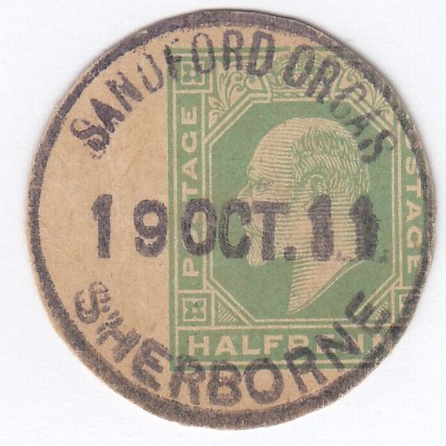 121675 1912 SANDFORD ORCAS/SHERBORNE RUBBER DATE STAMP USED LOCALLY.