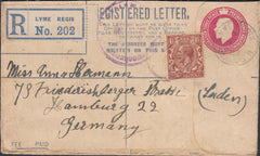 121681 1922 REGISTERED MAIL LYME REGIS TO GERMANY/MONEY OFFICE AND SAVINGS BANK DATE STAMP.