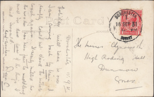 121682 1931 DORCHESTER/DORSET RUBBER DATE STAMP TO DUNMOW ESSEX.