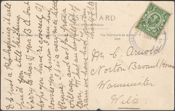 121710 1912 RYME INTRINSECA/SHERBORNE RUBBER DATE STAMP TO WARMINSTER.