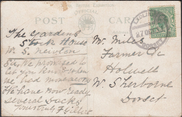 121723 1911 LYDLINCH/STURMINSTER NEWTON/DORSET RUBBER DATE STAMP TO SHERBORNE.