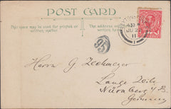 121751 1911 1D DOWNEY USED FIRST DAY OF ISSUE ON POST CARD TO GERMANY.
