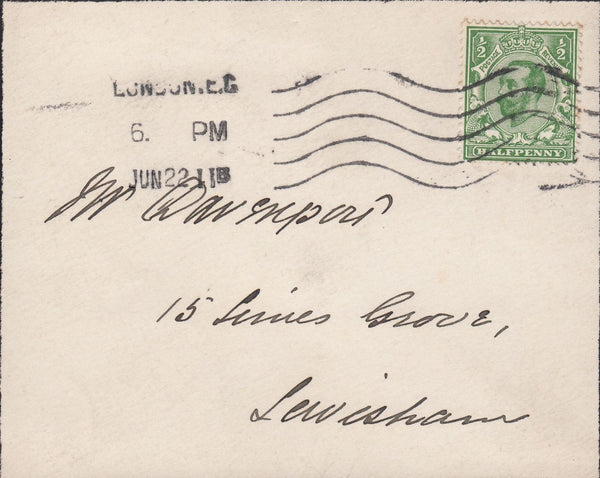121754 1911 MOURNING ENVELOPE WITH KGV ½D DOWNEY USED FIRST DAY OF ISSUE IN LONDON.