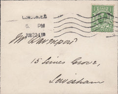 121754 1911 MOURNING ENVELOPE WITH KGV ½D DOWNEY USED FIRST DAY OF ISSUE IN LONDON.