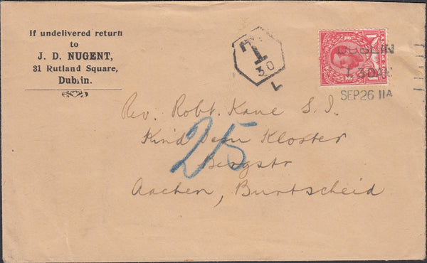 121755 1911 UNDERPAID MAIL DUBLIN TO GERMANY WITH 1D DOWNEY (SG329).