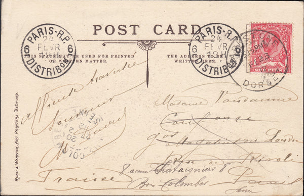 121766 1912 PARKSTONE/DORSET SKELETON DATE STAMP ON MAIL TO PARIS.