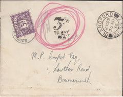 121830 1936 UNPAID MAIL BLANDFORD (DORSET) TO BOURNEMOUTH.