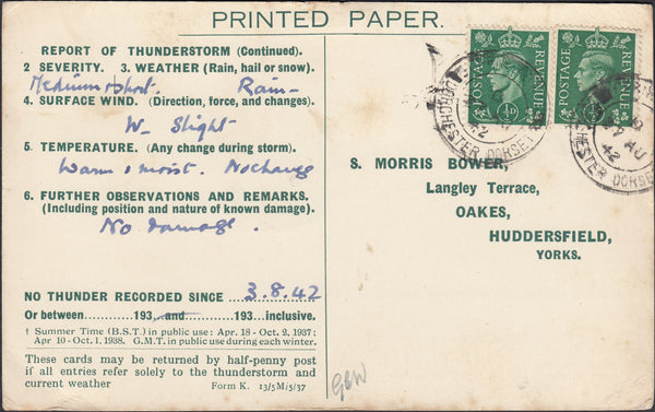 121874 1942 THUNDERSTORM REPORT CARD CERNE ABBAS (DORSET) TO HUDDERSFIELD.