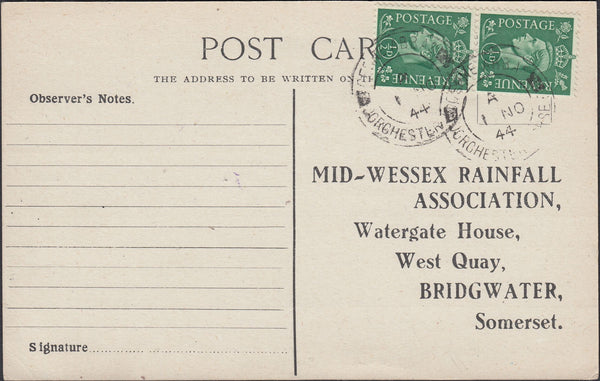 121877 1944 MID-WESSEX RAINFALL ASSOCIATION POST CARD FROM CERNE ABBAS.