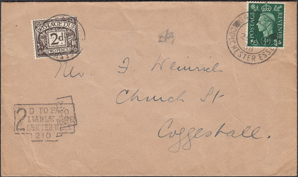 121880 1938 UNDERPAID MAIL GRANTLEY (ESSEX) TO COGGESHALL.