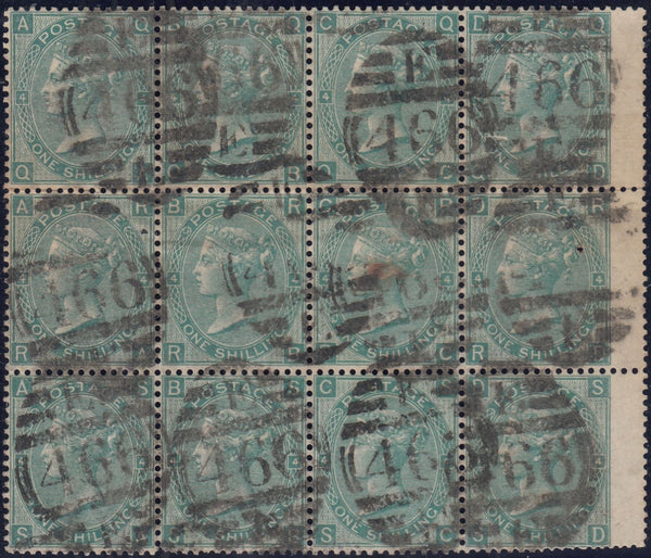121884 1865 1S GREEN PL.4 WMK EMBLEMS ON THICK PAPER (SG101b) USED BLOCK OF TWELVE.